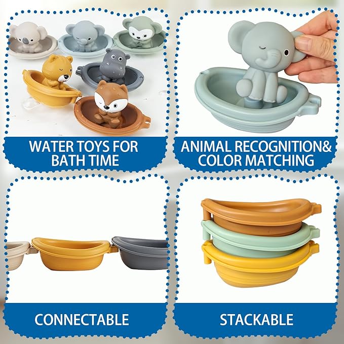 OTONOPI Baby Bath Toys Set 12 Pcs, Floating Bath Toys with 6 Sensory Animal Finger Puppets 6 Stackable Boat, Educational Water Floating Bathtub Pool Beach Toy for Toddlers Babies 18 Months and Up