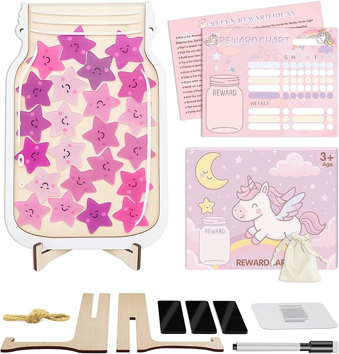 Yoink Unicorn Magnetic Reward Jar Set, Star Jar Reward System for Kids with 24 Colourful Star Tokens and Magnetic Dry Erase Chore Chart, Home and Classroom Management Tool for Good Behavior