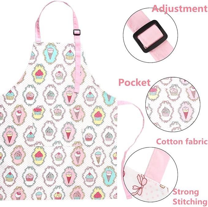 Kids Apron and Chef Hat Set, Adjustable Cotton Child Aprons with Large Pocket Cute Girls Boys Kitchen Bib Aprons for Cooking Baking Painting