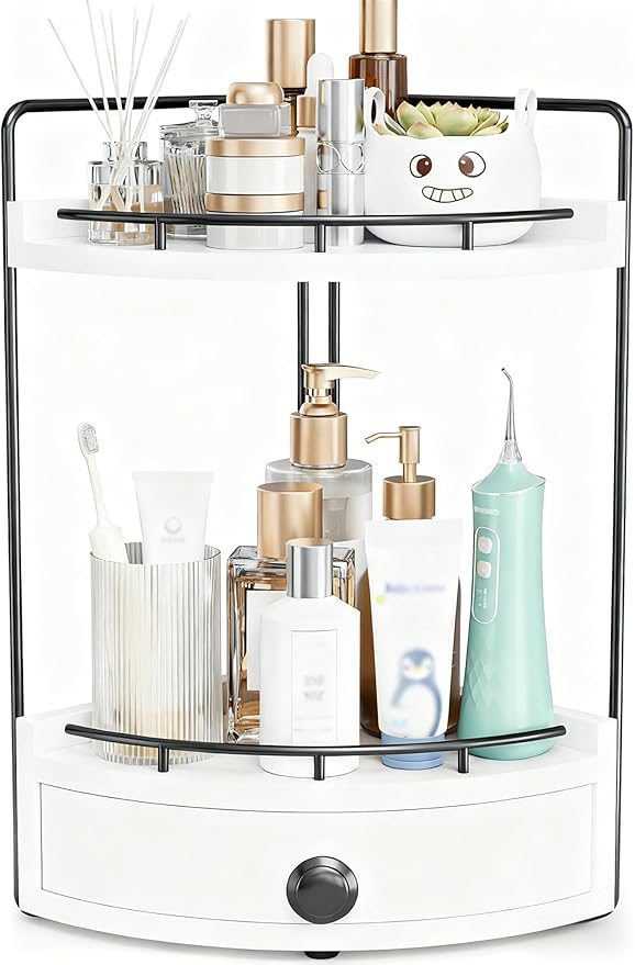2-Tier Corner Bathroom Counter Organizer with Drawer & Embedded Screw Holes - Wooden Countertop Organizers for Skincare, Makeup Storage, Bathroom Sink Counter Shelf for Vanity, White
