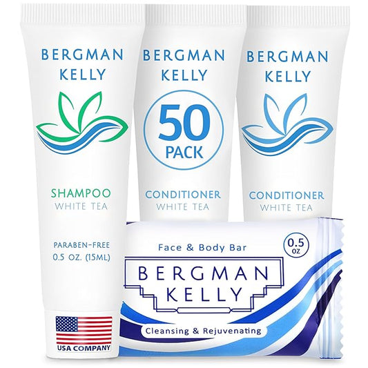 BERGMAN KELLY Rectangular Hotel Soap Bars, Shampoo & Conditioner 3-Piece Set (0.5 oz each, 150 pc, White Tea), Delight Guests w/Revitalizing & Refreshing Mini Travel Toiletries & Bulk Amenities