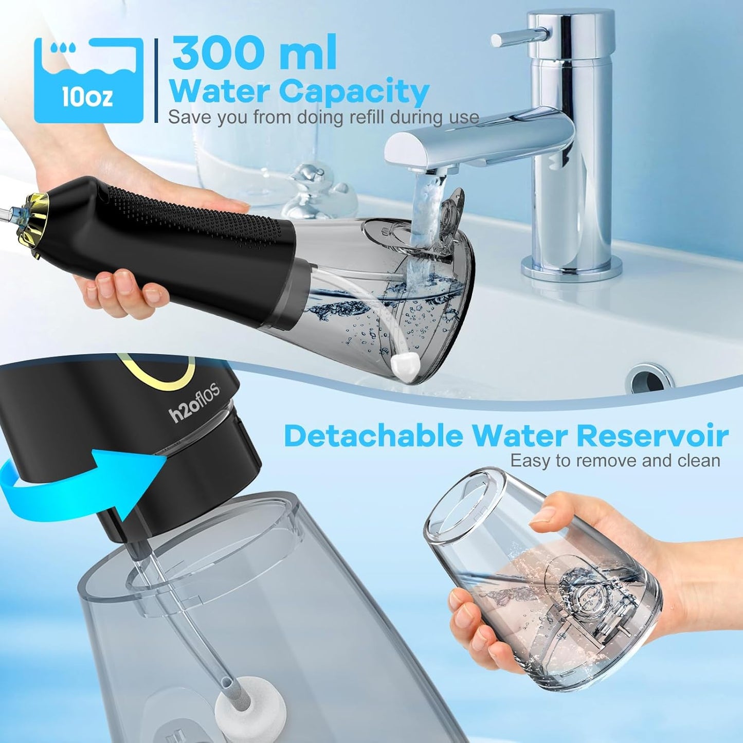 H2ofloss Water Dental Flosser Teeth Pick -Portable Oral Irrigator with 5 Modes, Rechargeable IPX7 Waterproof Orthodontic Teeth Cleaner Pick Cordless for Home Travel-300ml Water Tank Gold