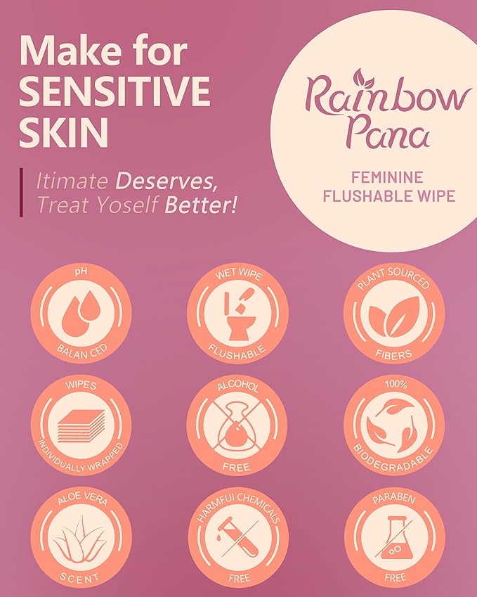 RainbowPana Feminine Wipes, 120 Count ON-THE-GO Individually Wrapped | Flushable Wipes, Travel Wipes for Women, Pre/Post-Intimacy Cleansing | Aloe, Portulaca, Vitamin E | pH Balanced, Biodegradable