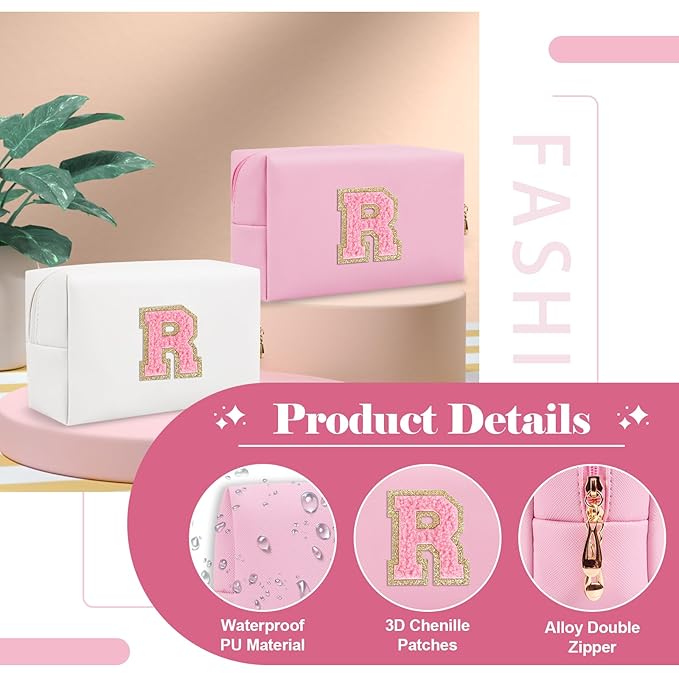 Personalized Initial A-Z Preppy Patch Makeup Bag,Small PU Leather Chenille Letter Cosmetic Bag with Zipper for Teen Girls,Pink Cute Travel Toiletry Bag,Birthday Monogrammed Gift for Daughter,Letter R