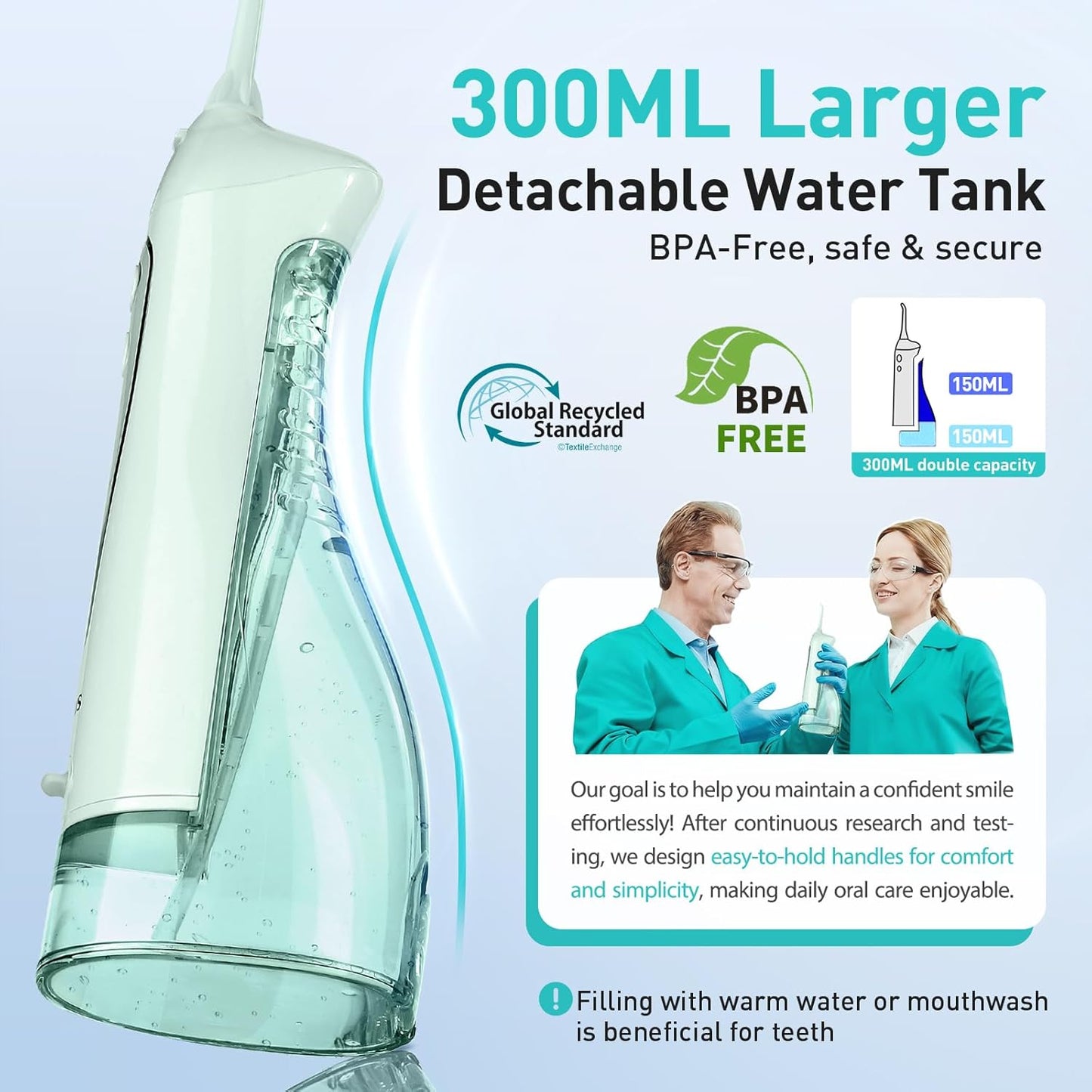 COSLUS Water Dental Flosser Teeth Pick: Portable Cordless Oral Irrigator 300ML Rechargeable Travel Irrigation Cleaner IPX7 Waterproof Electric Flossing Machine for Teeth Cleaning C20(F5020E) Green