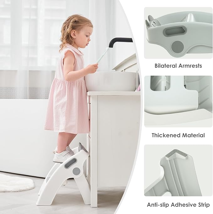 Toddler Step Stool Foldable 2 Step Stool for Kids Collapsible Stool Anti-Slip Stepping Stool for Bathroom Sink Potty Toilet Toddler Kitchen Helper (Grey)