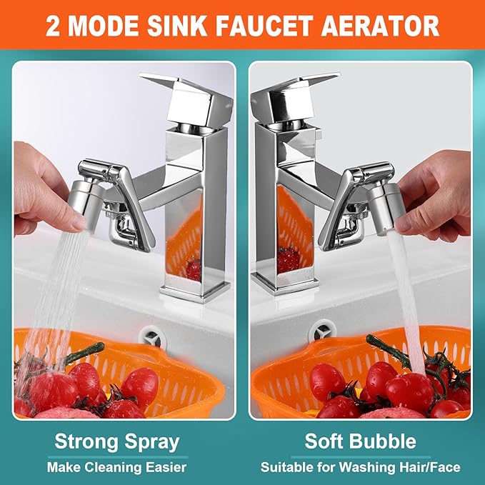 Spurtar 1440° Sink Faucet Aerator Extension Swivel Faucet Extender for Toddlers, 2 Sprayer Modes Rotatable Bathroom Kitchen Head Replacement Tap Attachment with Filter for G 1/2", 55/64",15/16"