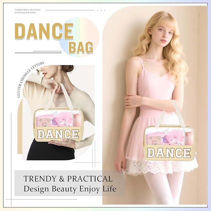 Dance Bag for Girls Chenille Letter Clear Makeup DANCE Stuff Bag,Toddler Dance Recital Gifts Ballet Cosmetic Zipper Pouch with Handle,Dance Competition Accessories Toiletry Storage Bag(DANCE-Beige)
