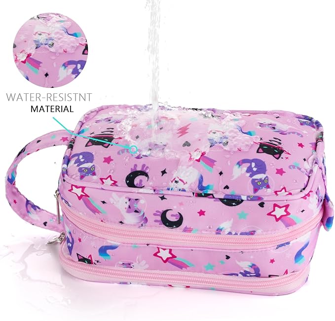Kids Toiletry Bag for Girls, Travel Toiletry Bag for Little Young Girls Cosmetic Bag Makeup Bag Waterproof Hanging Wash Bag Toddler Toiletries, Cat Pink