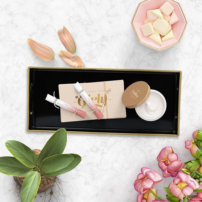 Black Vanity Tray with Handles, Decorative Tray Desktop Storage Organizer for Bathroom, Living Room, 5.9"*13.7"