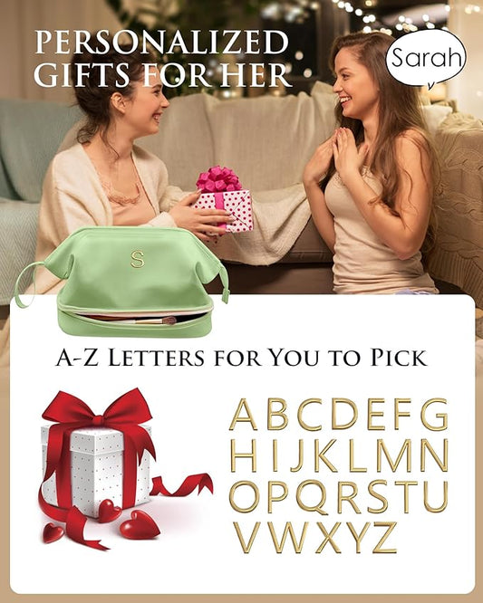 Gifts for Ladies,Initial Large Makeup Bag, Bride To Be Gifts, Double Layer Cosmetic Bag, Waterproof PU Travel Toiletry Bag for Bachelorette Party Women Wedding Bridal, Bride Gifts