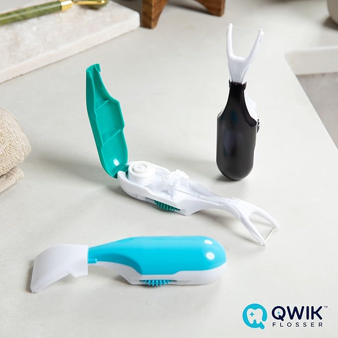 QWIK Automatic Dental Flosser | Click-to-Use, Reusable & Refillable | Pre-Loaded Floss with Travel Cover | Easy Flossing for Plaque Removal, Clean Teeth & Fresh Breath (Pink)