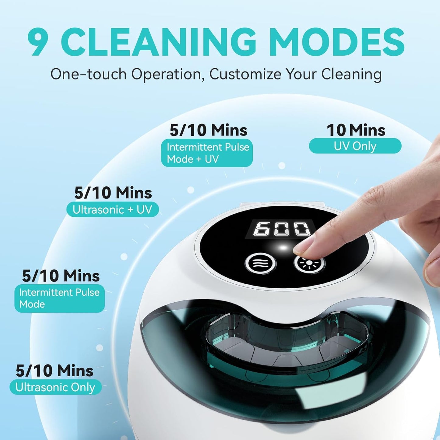 Denture Ultrasonic Retainer Cleaner Machine - 45kHz Retainer Cleaner Machine with 200ML Dental Pod, 9 Modes Ultrasonic Cleaner for Denture, Mouth Guard Clenching, Aligner, Braces, Toothbrush, Jewelry