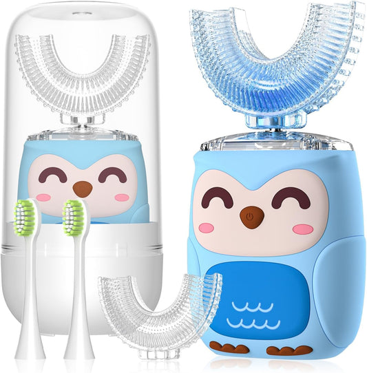 Kids Electric U Shaped Toothbrush Kids Sonic Toothbrush with 4 Soft Brush Head Automatic Full Mouth 6 Cleaning Mode-(Age2-7 Blue)