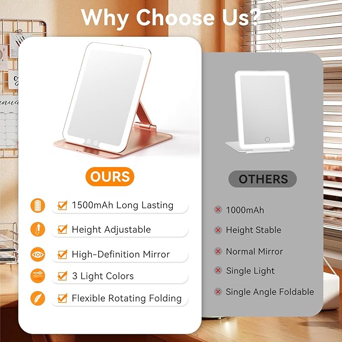 Auxmir Travel Makeup Mirror with Light, Portable Folding Lighted Travel Makeup Mirrot with 72 LEDs, Rechargeable Compact Vanity Mirror with 3 Dimmable Color Lights, Adjustable Stand, Rose Gold