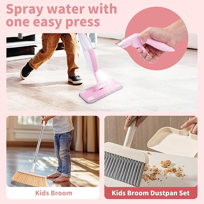 Kids Spray Mop,Toddler Mop Cleaning Set, Real Working Mini Mop & Kids Broom Dustpan Set, Housekeeping Pretend Play Toy, Montessori Kid Cleaning Toy Set Includes Organizer Clip -Pink