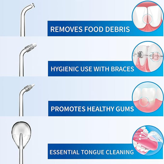 Replacement Tips for B0BTQT6PST HealthSmart Compact Cordless Water Flosser, 4 Pack, Includes (1) Standard, (1) Orthodontic, (1) Tongue Cleaner, (1) Periodontal Replacement