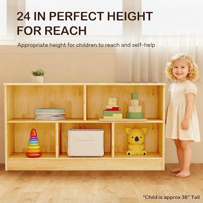 Wingyz Rubber Wood Montessori Bookshelf, 5-Section Wooden Storage Cabinet, 2 Shelf Bookcase Toy Storage Organizer, 43.3"L Montessori Shelf for Kids Rooms Classroom Playroom Nursery Daycare, Child-Safe