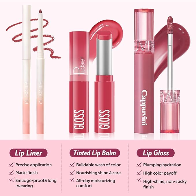 KIMUSE 3PCS Lip Combo Set - Matte Lip Liner Pencil + Hydrating Tinted Lip Balm + Juicy Lip Gloss Tint, Non-Sticky, Long-Lasting, High Pigment Lip Makeup Kit (Juicy Plum Set)