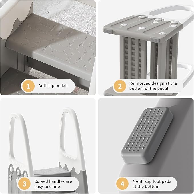 Two Step Stool with Handrails for Toddler and Kids, Standing Learning Stool Tower for Bathroom Sink, Potty Training, Children Step Up Learning Helper with Handles and Safety Non-Slip Pads(Gray)