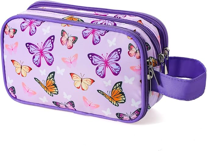 Kids Toiletry Bag for Girls, Travel Toiletry Bag for Little Young Girls Cosmetic Bag Makeup Bag Waterproof Hanging Wash Bag Toddler Toiletries, Butterfly Purple