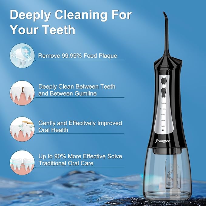 Froomer Water Flosser，Water Dental Forsser for Teeth Clean, 5Modes 4 Jet Tips,Rechargeable Portable Water Flossers for Teeth,300ML Tanks for Travel Friendly(Black