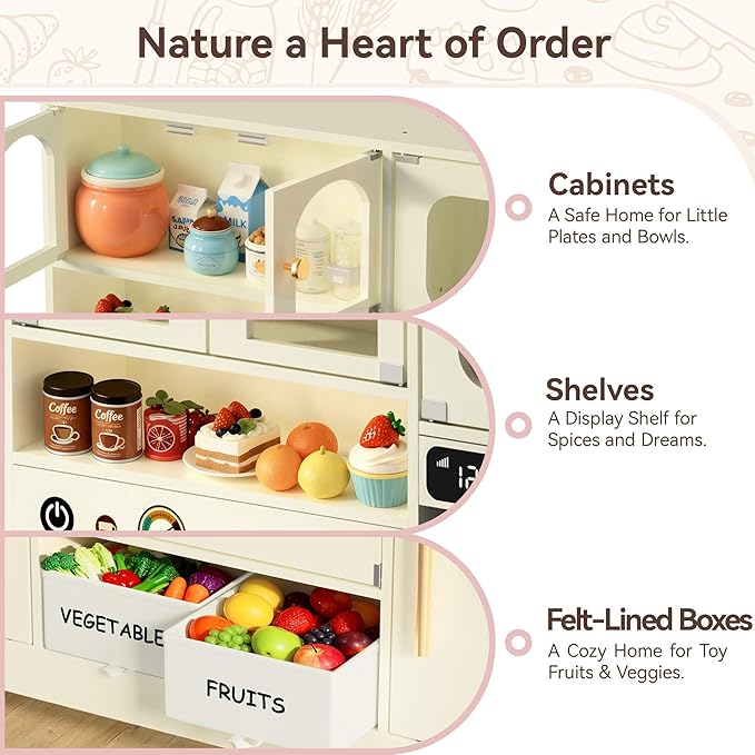 Play Kitchen for Toddlers with Felt Storage Boxes & Range Hook, Wooden Kids Kitchen Playset with Oven, Microwave, Ice Maker, Toy Kitchen Set with Coffee Maker for Girls & Boys Age 3+, Pink Curtains