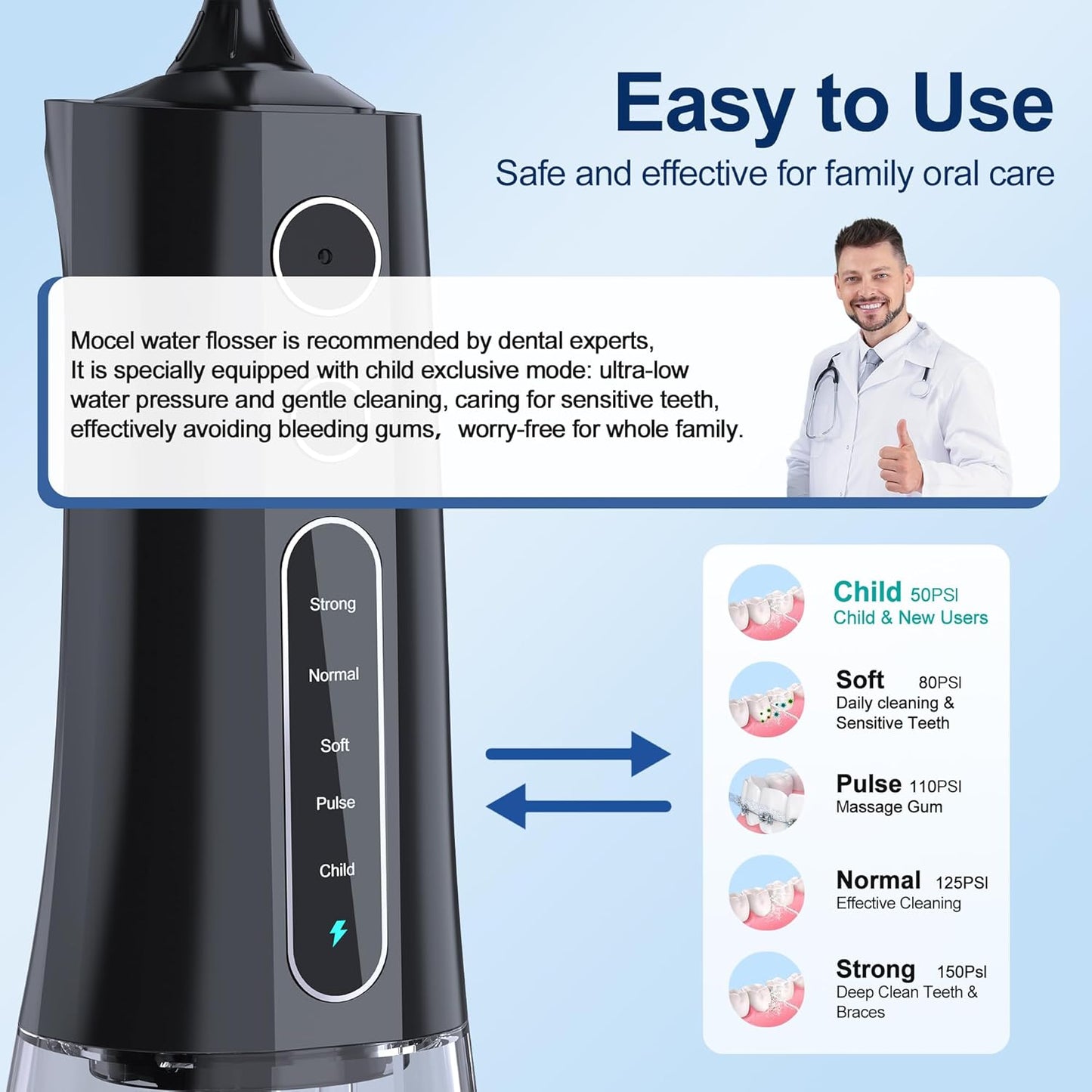 Water Dental Flosser OLED Display Cordless Teeth Cleaning MOCEL 5 Modes Oral Irrigator 300ML Portable and USB C Rechargeable IPX7 Waterproof Floss Teeth Pick (Black)