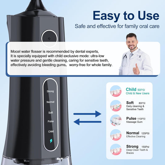Water Dental Flosser OLED Display Cordless Teeth Cleaning MOCEL 5 Modes Oral Irrigator 300ML Portable and USB C Rechargeable IPX7 Waterproof Floss Teeth Pick (Black)