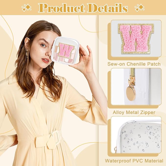 Personalized Initial Letter Clear Preppy Makeup Bag,Mini Nylon Chenille Letter Cosmetic Bag Cute Zipper Pouch Purse for Teen Girls,Portable TSA Approved Beach Travel Essentials Bag Gift for Women,W