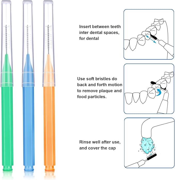 Patelai 100 Pieces Braces Brush for Cleaner Interdental Brush Toothpick Dental Tooth Flossing Head Oral Dental Hygiene Flosser Toothpick Cleaners Tooth Tool (Green, Orange, Blue,Various Sizes)