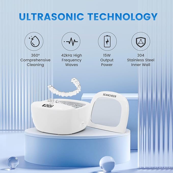 Ultrasonic Retainer Cleaner Machine | Rechargeable | Cordless | IPX7 Waterproof | Portable | 120ML | 2 Modes with Digital Timer for | Denture | Aligner | Night Guard | Mouth Guard | Jewelry | White
