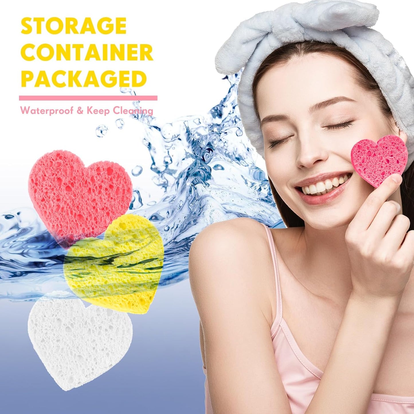 Nuenen 60 Pieces Facial Sponges with Container, Heart Shape Compressed Face Sponges Natural Cleaning Pads for Washing Face Cleaning Exfoliating Esthetician Makeup Removal (Pink,White, Yellow)