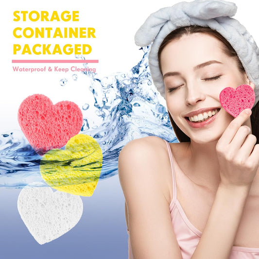 Nuenen 60 Pieces Facial Sponges with Container, Heart Shape Compressed Face Sponges Natural Cleaning Pads for Washing Face Cleaning Exfoliating Esthetician Makeup Removal (Pink,White, Yellow)