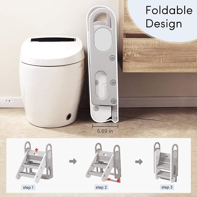 Mloong Kids Step Stool Foldable for Bathroom Sink, Easy Folding Non-Slip Bathroom Stool Toilet Potty Training, Adjustable Toddler Ladder Kitchen Counter Helper