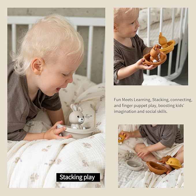 Nueplay Bathtub Toys for Toddlers 18M+，Baby Bath Toys with Animal Finger Puppets，Stackable Boat Train，Easter Bunny Gifts for Baby & Toddlers Set of 6