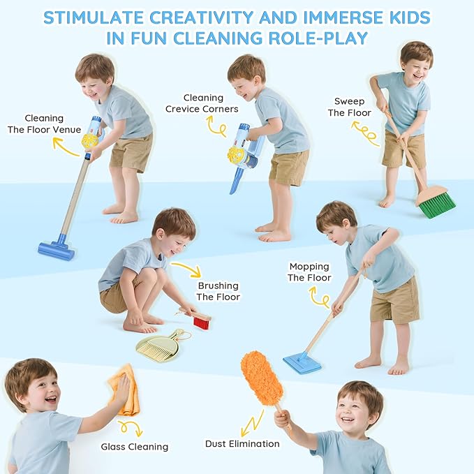 Dreamon Wooden Toddler Cleaning Set - 11Pcs Kids Cleaning Toy Set with 3-in-1 Kids Vacuum That Really Works, Montessori Cleaning Toys with Broom and Mop Set for Toddlers Girls Boys Age 3-6
