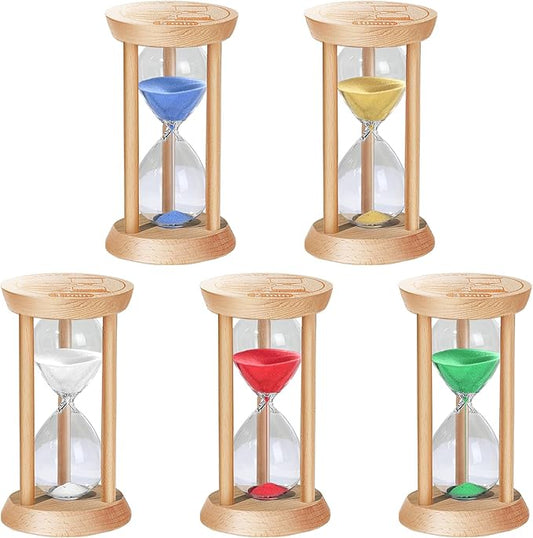 Sand Hourglass Timer, 1/2/3/5/10 Minutes Wooden Sand Clock, Colorful Hour Glass Reloj De Arena, Small Sandglass Timer for Classroom, Home Decorative, Games (5 pcs)