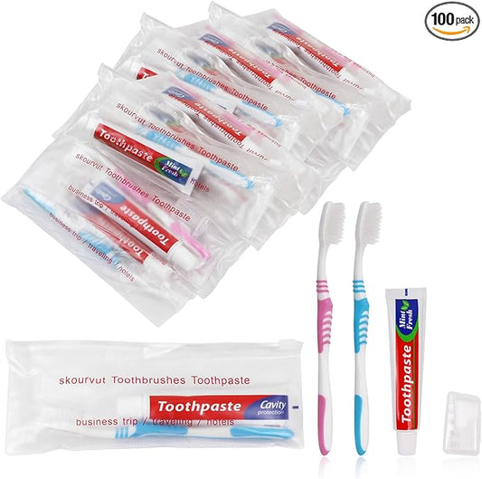 Disposable Toothbrushes with 45 Grams Toothpaste Individually Wrapped, Travel Kit Whit Plastic Zip Bag,Toothbrush Head Cover, Bulk Toothbrush for Homeless,Travel,Shelter,Air Bnb,Hotel,Guest (100)