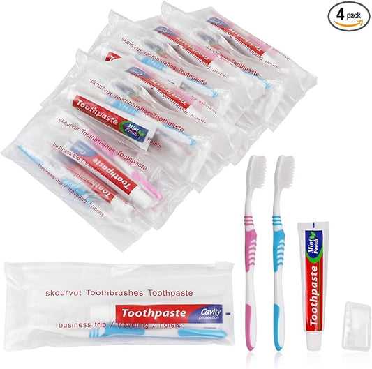 Disposable Toothbrushes with 45 Grams Toothpaste Individually Wrapped, Travel Kit Whit Plastic Zip Bag,Toothbrush Head Cover, Bulk Toothbrush for Homeless,Travel,Shelter,Air Bnb,Hotel,Guest (4)