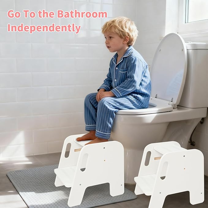 WOOD CITY Toddler Step Stool, Wooden 2 Step Stools for Bathroom Sink Potty Training Kitchen Dual Height Stool Helper for Kids Bonus Non-Slip Pads and Handles for Safety (2 Pack White)