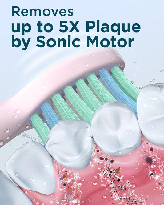 Rtauys M5 Sonic Electric Toothbrush for Adults and Kids - Rechargeable Electric Toothbrush Kids Ages 12+ and Adults with 8 Brush Heads & Travel Case, 120 Days Battery Life - Sakura Pink