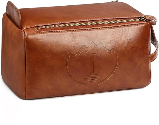 Personalized Toiletry Bag for Men,Initial Mens Toiletry Bags for Traveling,Men Travel Toiletries Bag,PU Leather Shaving Bag for Toiletries Accessories kit,Brown I