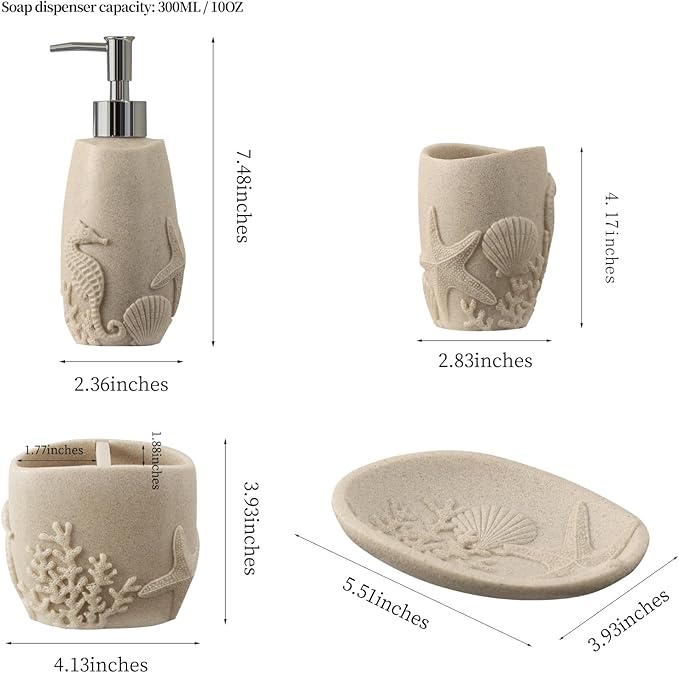 Bathroom Accessories Set, 4 PCS Bathroom Accessory Sets with Soap Dispenser, Toothbrush Holder, Tumbler, Soap Dish, Bathroom Countertop Organizer, Sea Bathroom Decor (Beige)