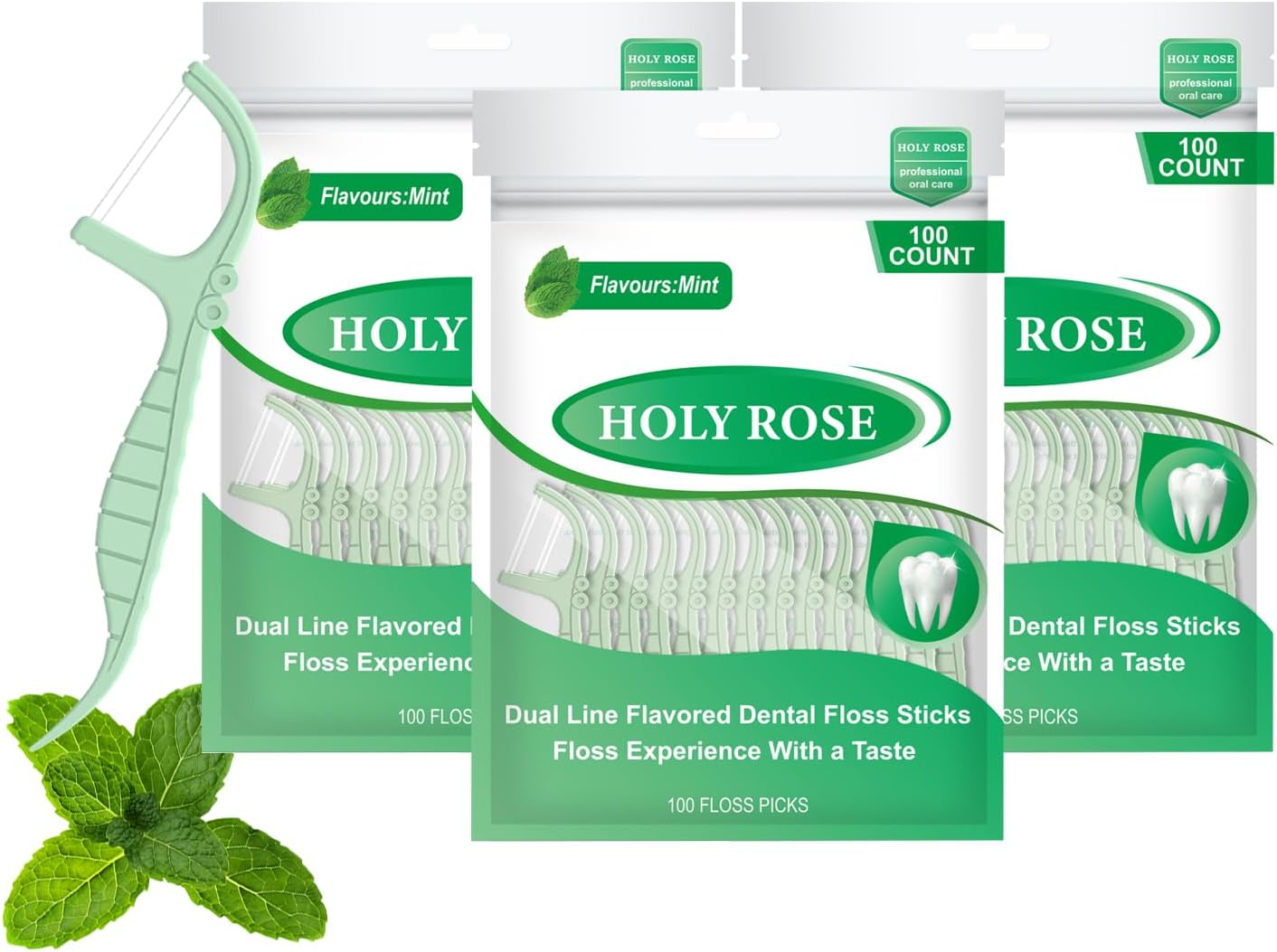Holy Rose Mint Twin Line Dental Floss Picks - 300 Count Pack, Dual-Action Cleaning Teeth Tool Kit,for Adults Flosser Sticks, for Oral Removal Care Comfort Dental Floss Toothpick.