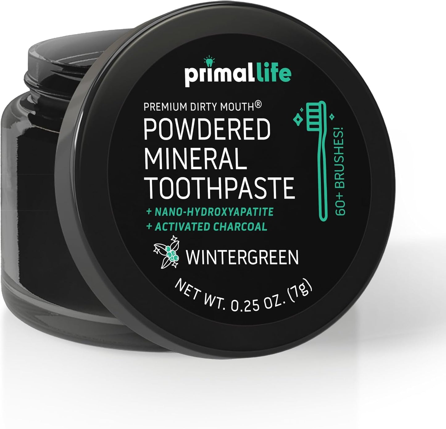Primal Life Organics - Dirty Mouth Toothpowder, Activated Charcoal Tooth Cleaning Powder, Essential Oils Natural Kaolin Bentonite Clay, 60+ Brushings, Organic Vegan (Charcoal Wintergreen, 0.25 oz)