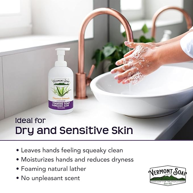 VERMONT SOAP Organic Lavender Foaming Hand Soap - Natural Moisturizing Soap for Dry Skin - Fragrance Free Liquid Bathroom Hand Soap Dispenser - Lavender - 12 oz