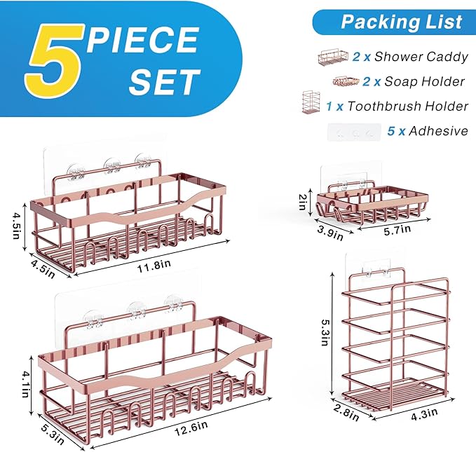 EUDELE 5-Pack Rustproof Stainless Steel Shower Caddy – No Drill Adhesive Bathroom Organizer with Large Capacity, Spacious Shower Shelves for Inside Shower, Kitchen & Home Decor Storage-XL Size