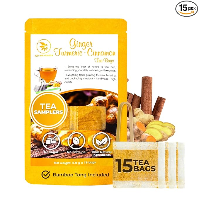 Ginger Cinnamon Turmeric Tea Samplers - 15 Count, Mini Tea Bags, Bamboo Tong Included, Re-Steep Corn Based Tea Bags, No Sugar Added, Natural Herbal Tea for Body Warm, Relax, Refreshing