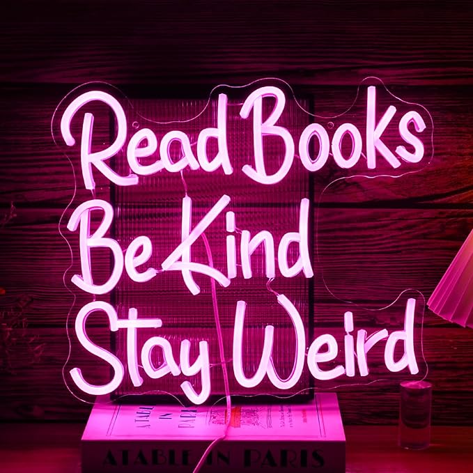 Read Books Be Kind Stay Weird Neon Sign USB Powered Pink Words LED Light Up Sign for Wall Decor Dimmable LED Read Kind Neon Light for Reading Room Bookstore School Library Book Lover Gifts